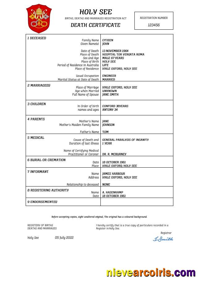 Holy See vital record death certificate